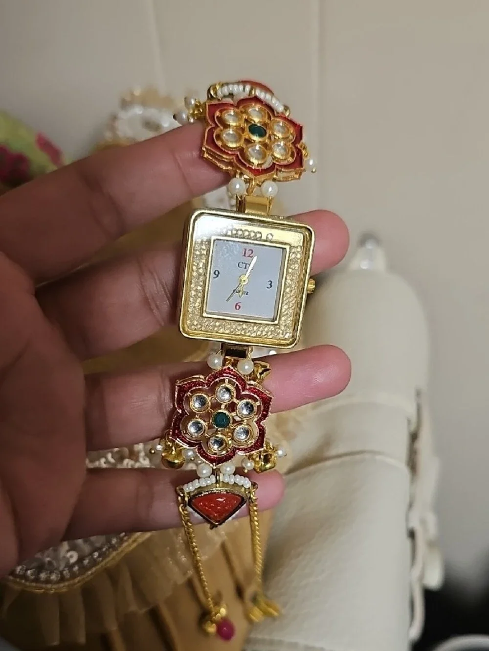 Gold-Tone Women's Bracelet Watch with Floral Kundan Accents